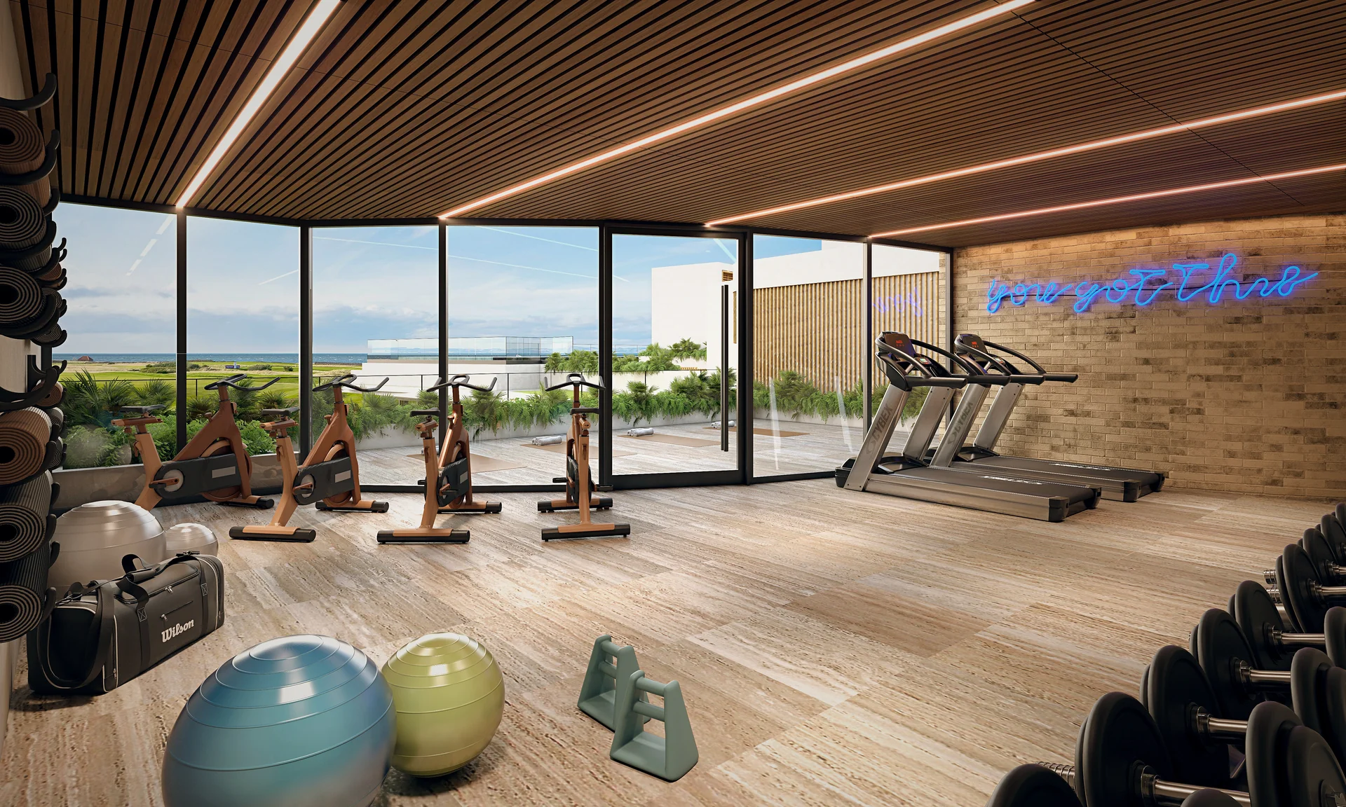 Fitnessstudio der neuesten Generation, Cardio und Krafttraining bei Tageslicht.
