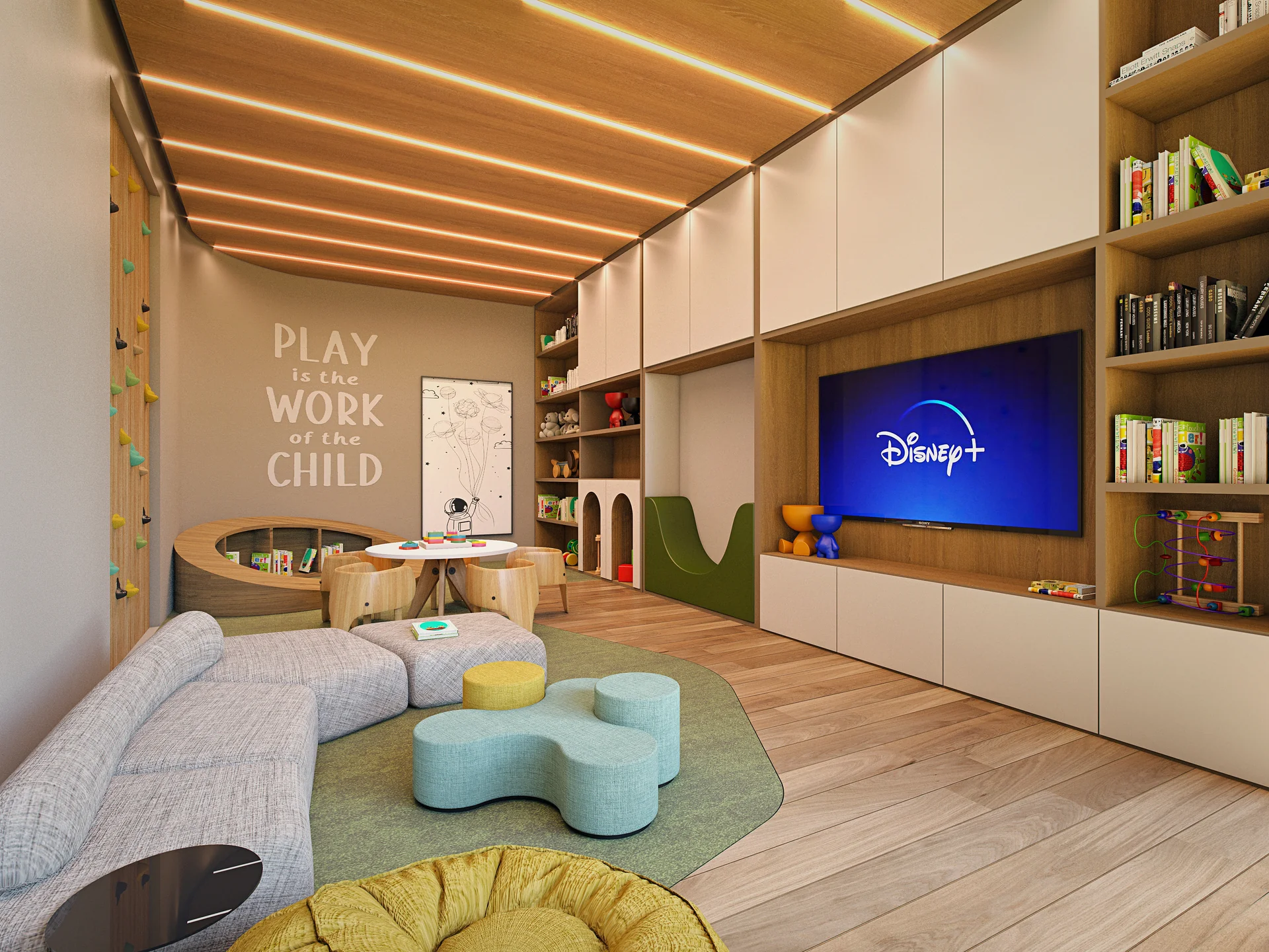 Sicherer, kreativer Kinderspielbereich mit Multimedia-Zone und Spielen.