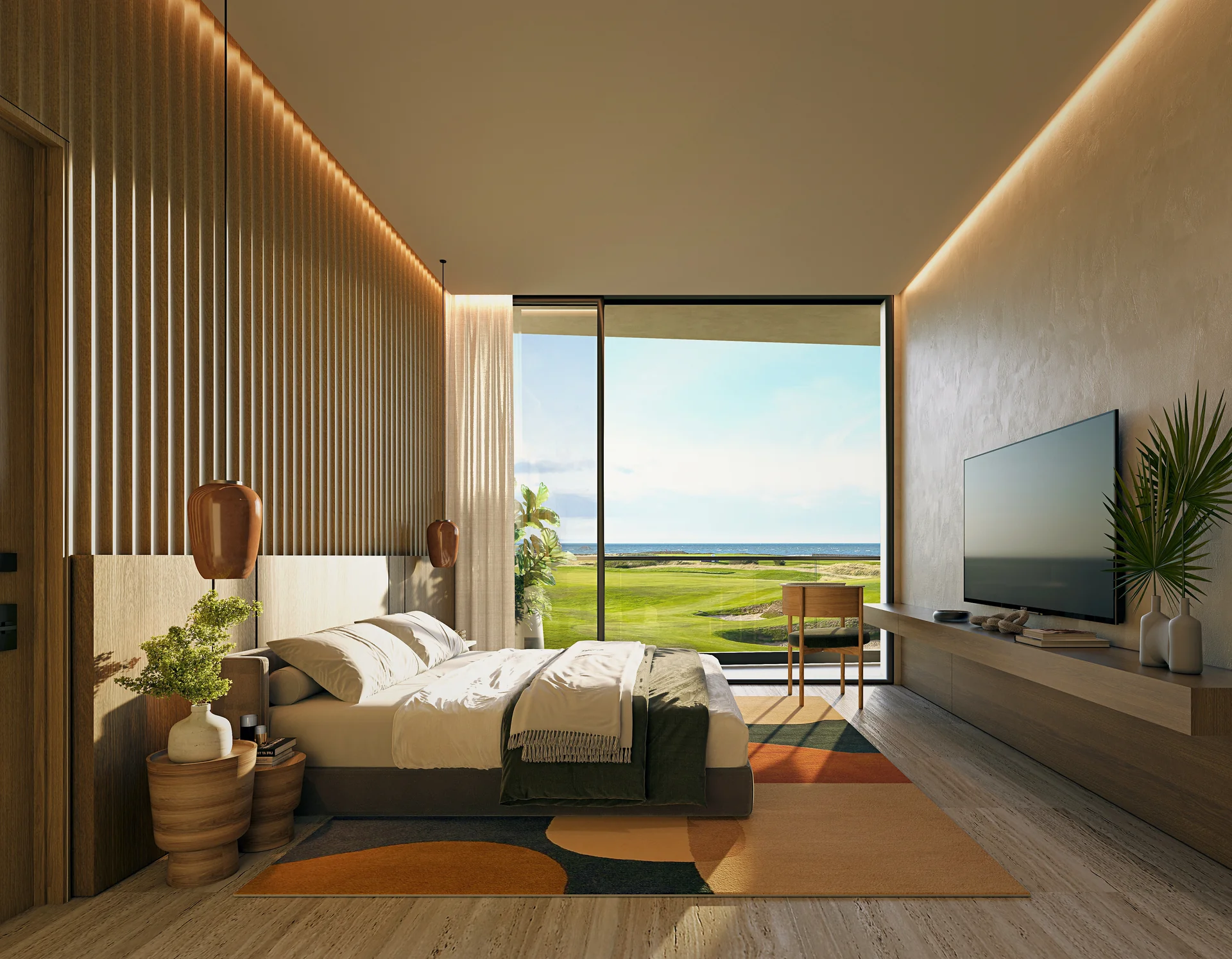 Hauptschlafzimmer mit Ausgang auf die private Terrasse und beruhigendem Golfblick.