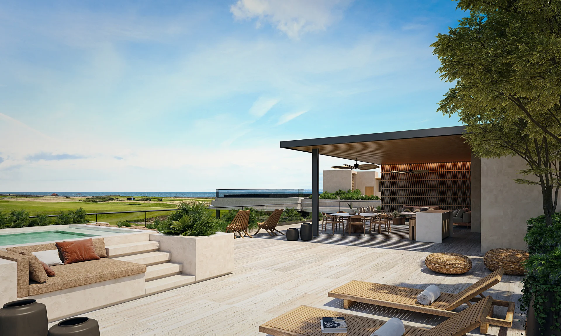 Großzügige private Terrasse mit Esstisch im Freien, Solarium und Gourmet-Pergola.