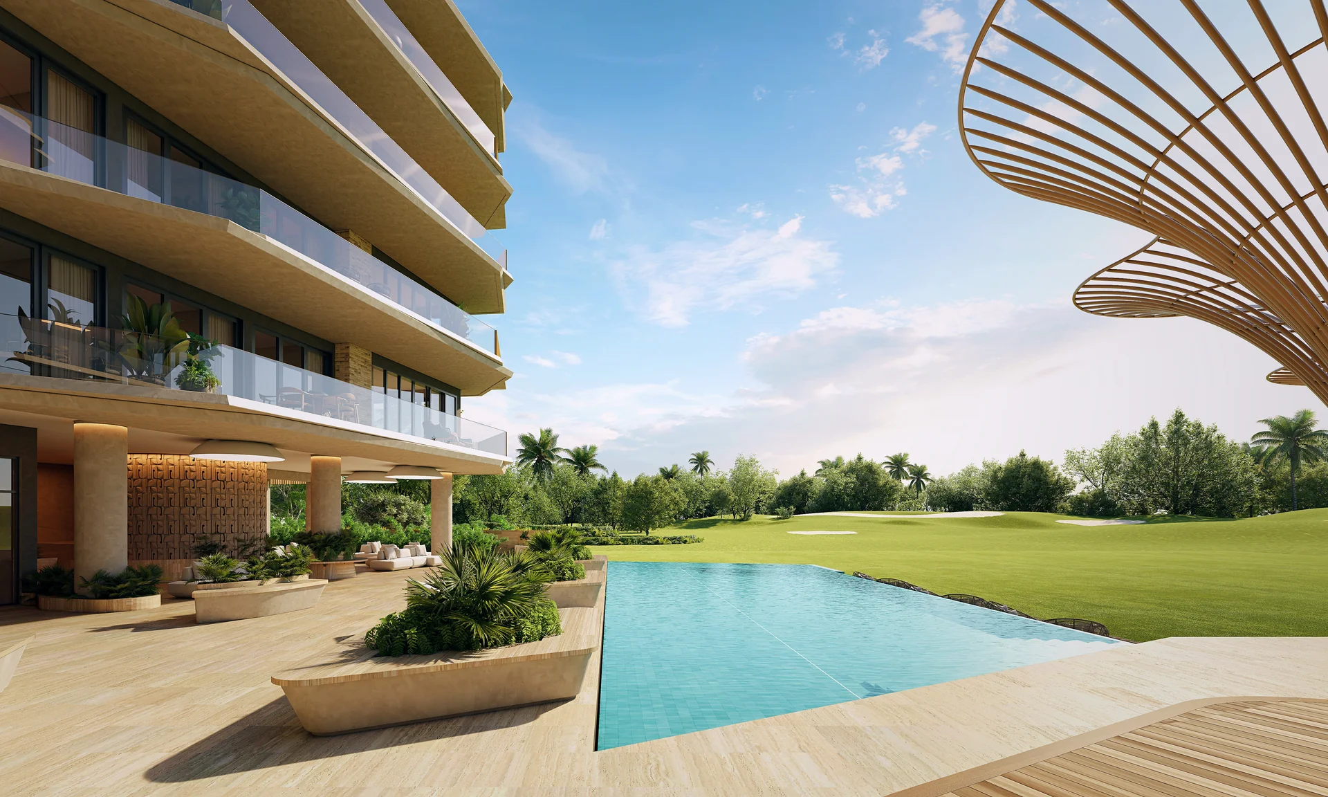 Bioklimatische Struktur mit organischem Design, die Schatten am Pool spendet.
