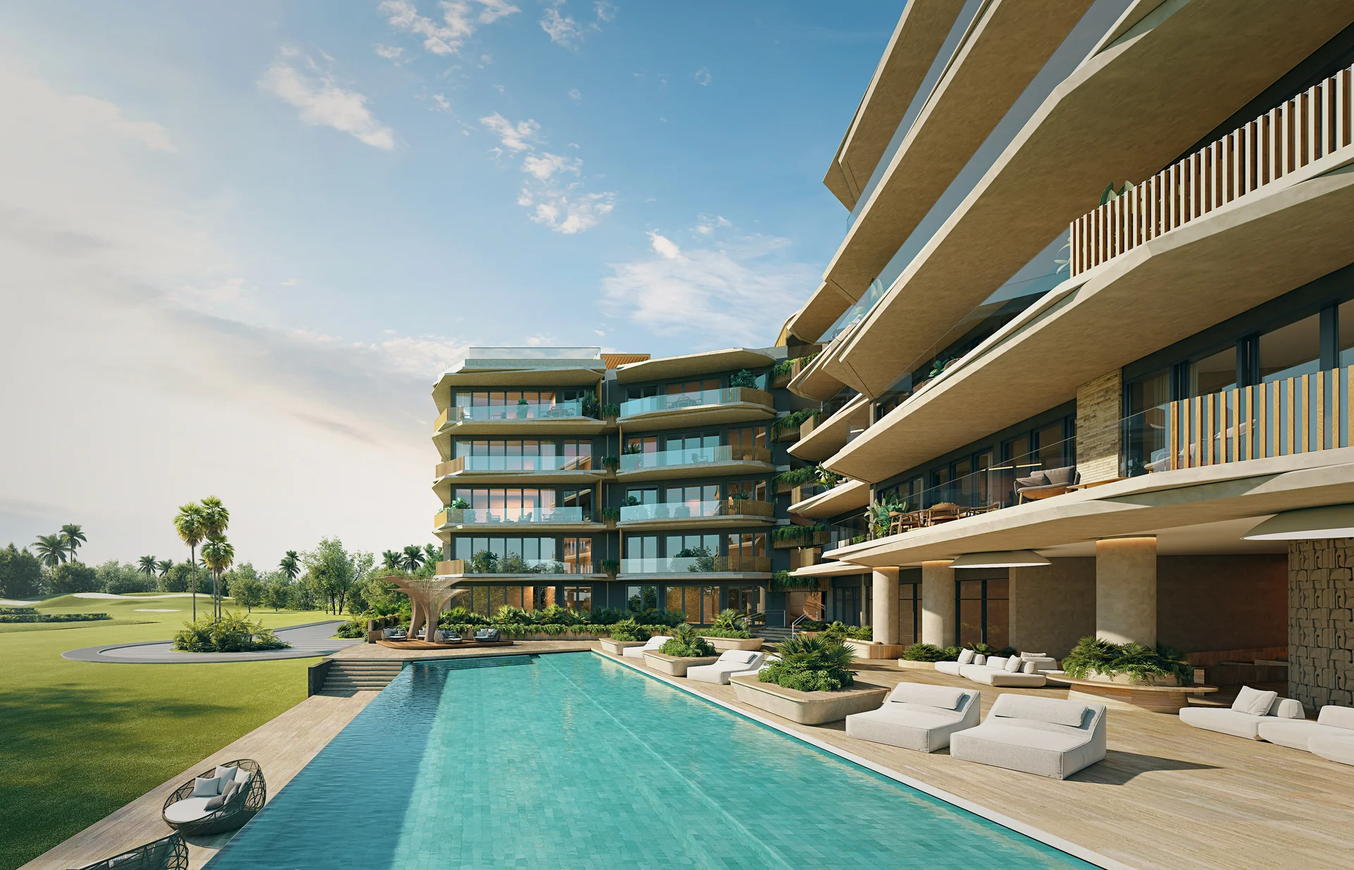 Zentraler Pool mit Solarium und Liegen direkt zum Green ausgerichtet.