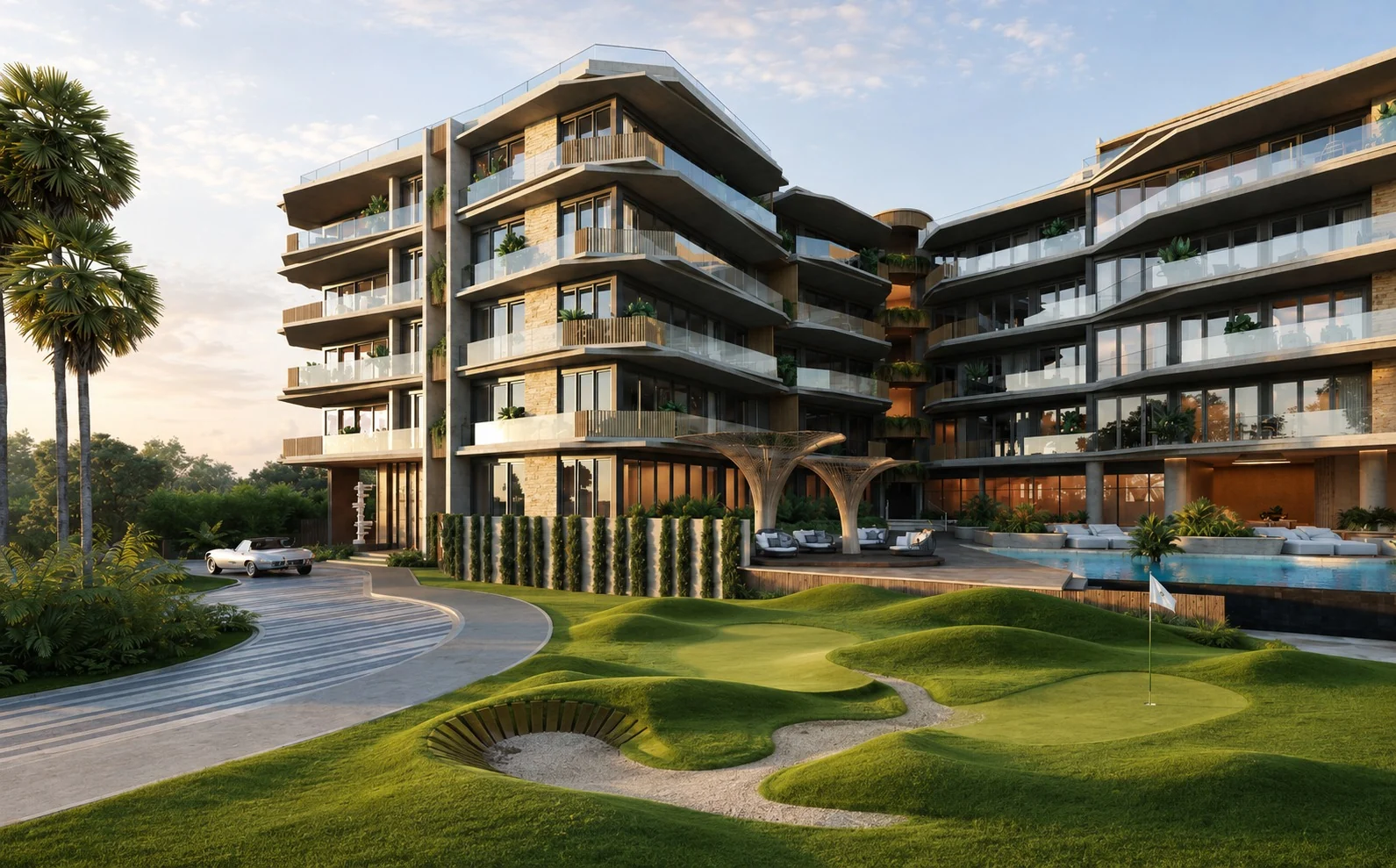 Außenansicht der Anlage mit in die Vorgartengestaltung integriertem Putting Green.