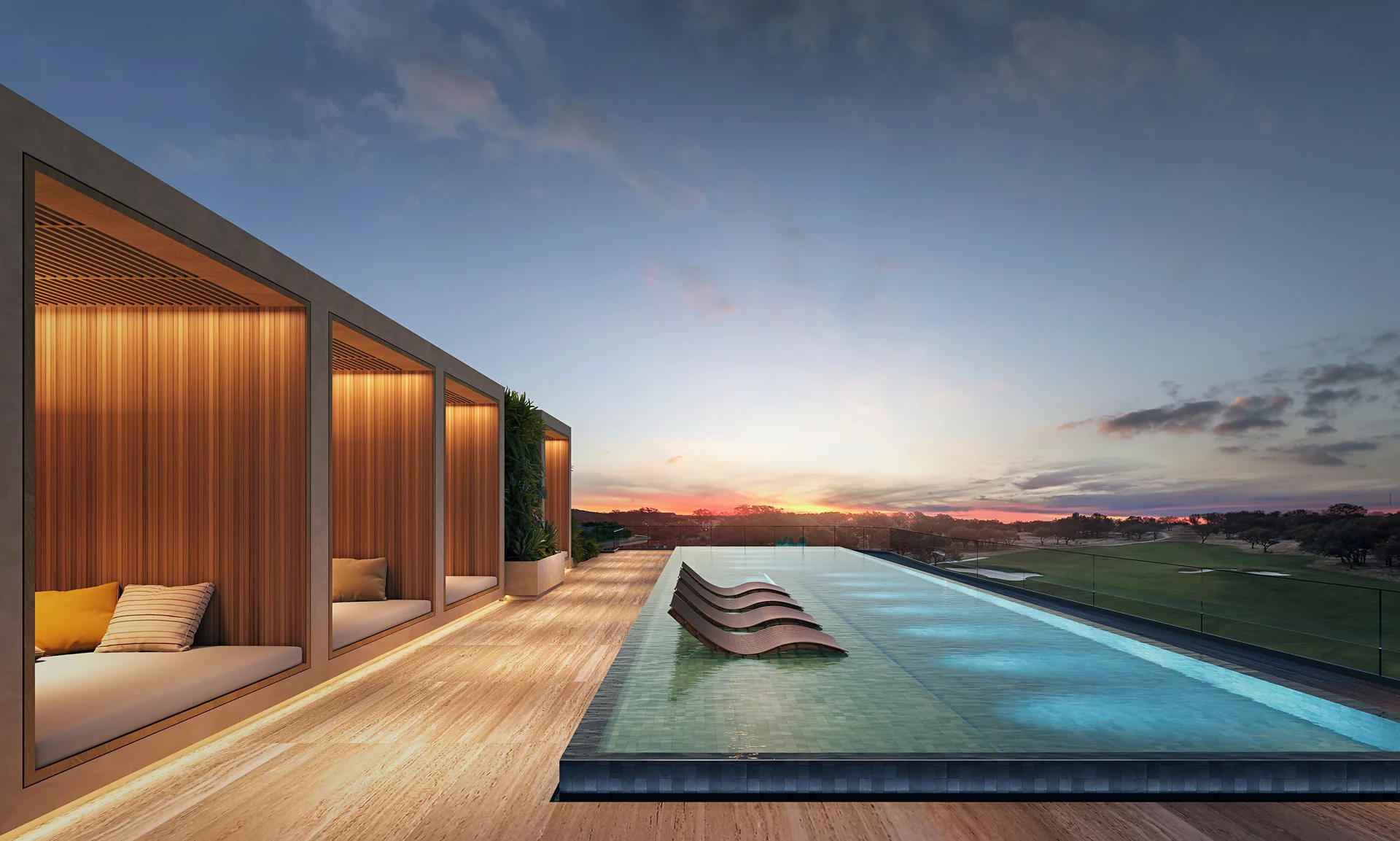 Privilegierte Dämmerungsblicke mit in den Sky Pool eingelassenen Liegen.