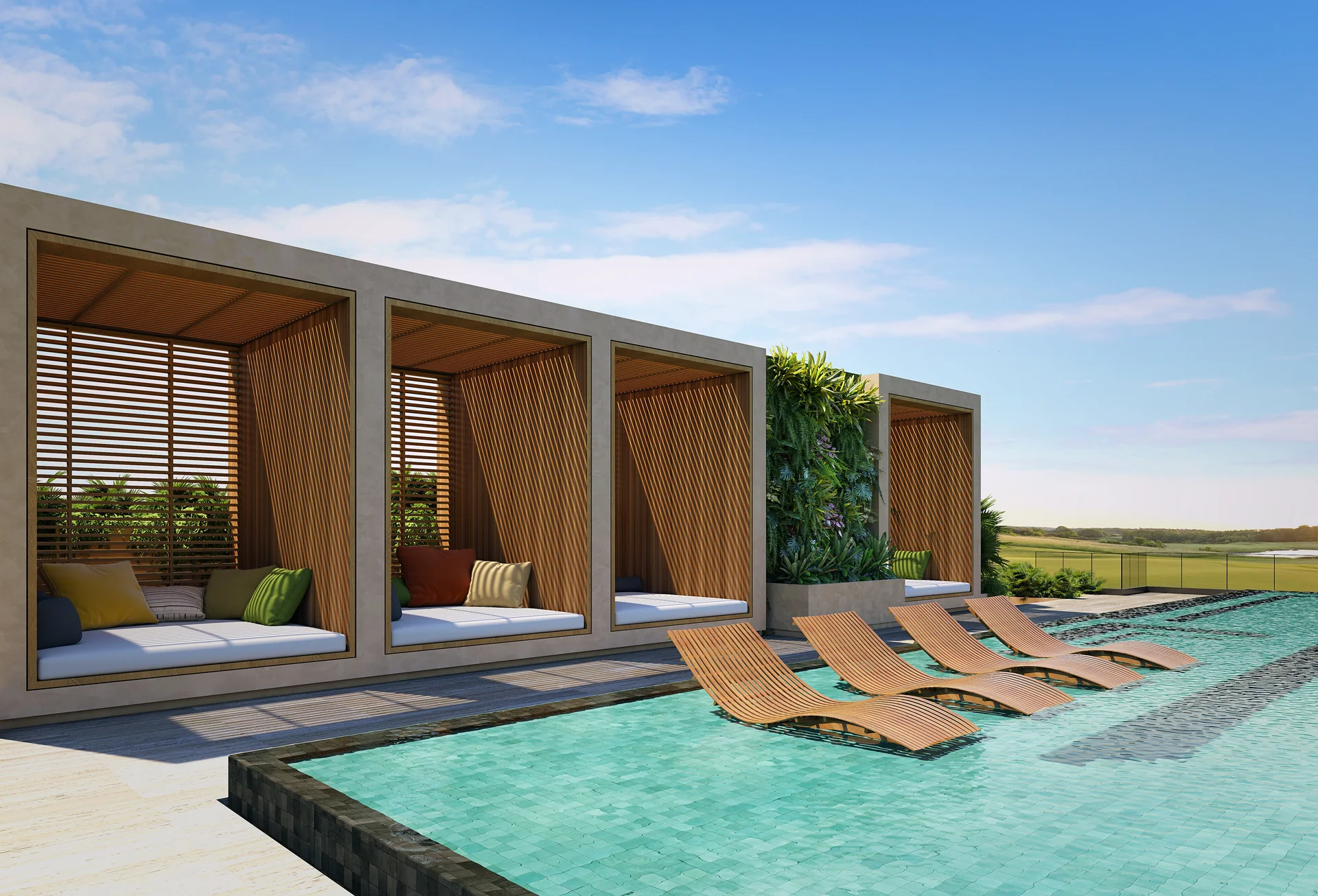 Private Cabanas mit Holz-Brise-soleil zum Verweilen an der frischen Luft in voller Intimität.