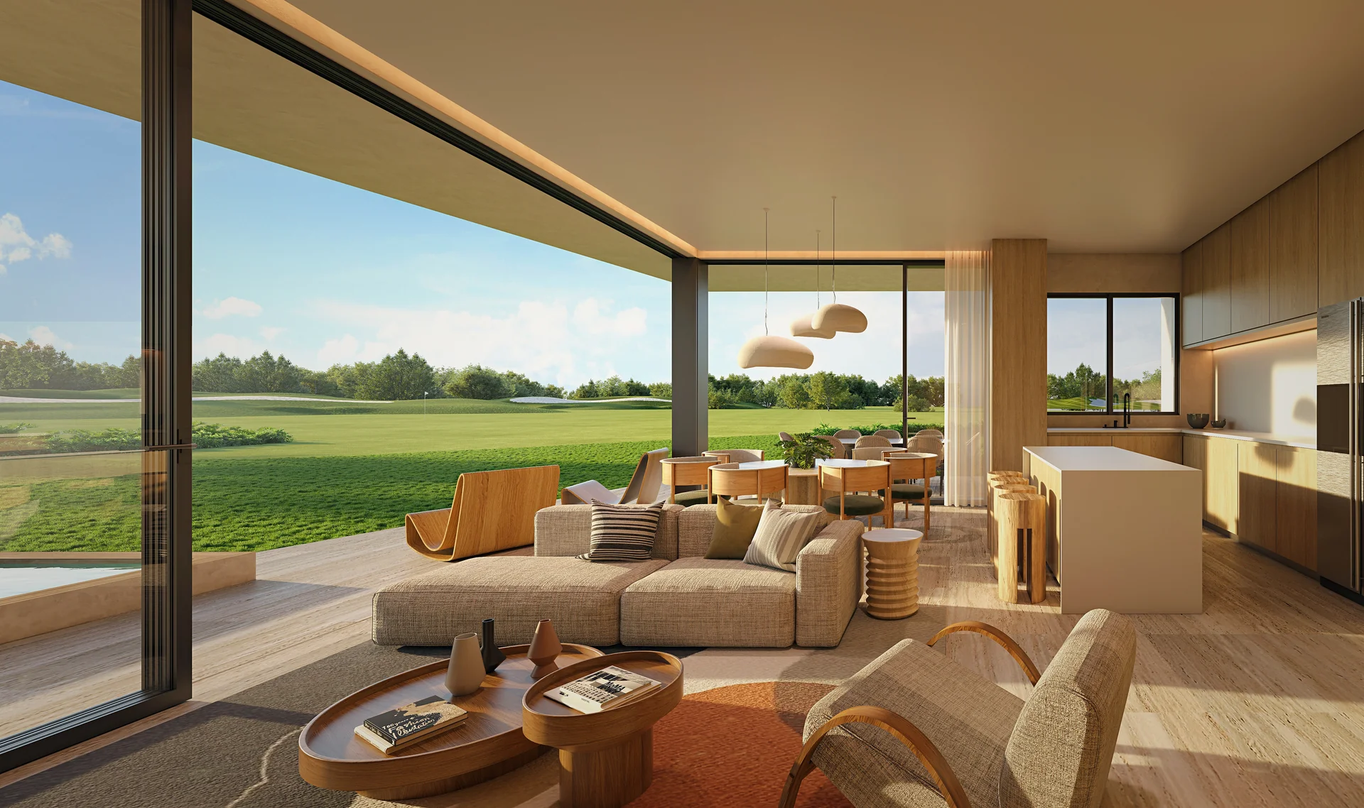 Diaphaner Wohnraum mit ununterbrochenem Panoramablick auf das Fairway.