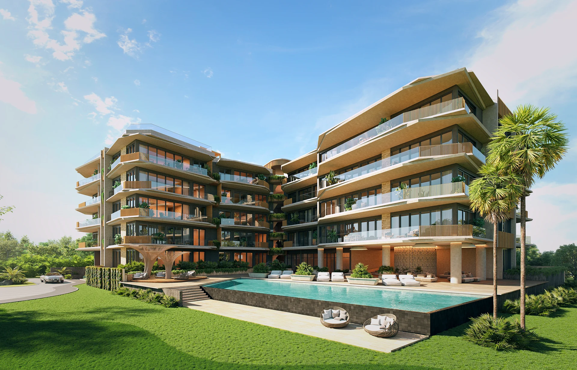 Zeitgenössische Architektur mit großzügigen Terrassen, ausgerichtet auf den Golfplatz Las Iguanas.