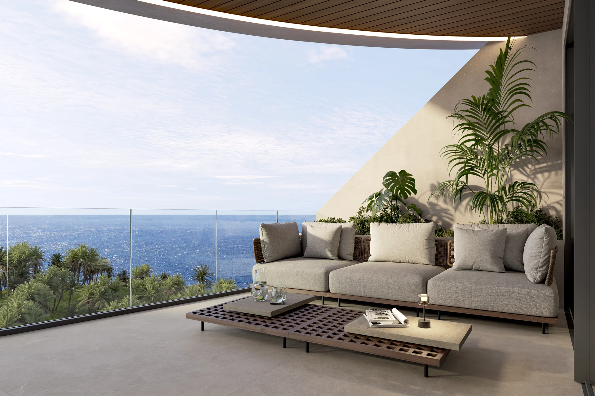 Private Terrasse von großer Tiefe mit freiem Blick auf die Megayachten.