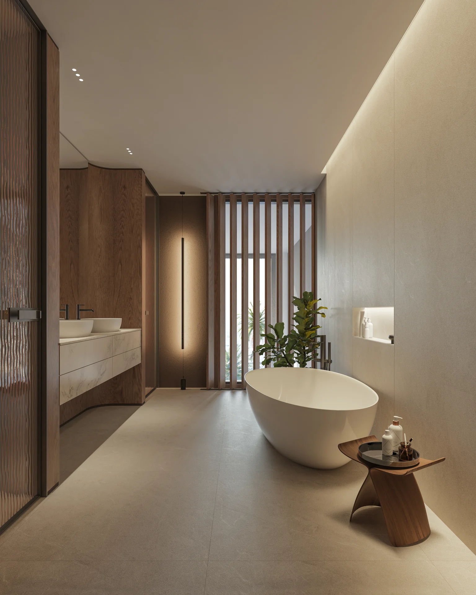 En-suite-Bad in Naturstein, freistehende Wanne und avantgardistische Details.