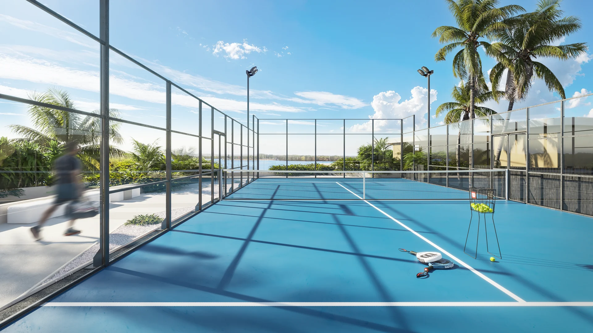 Regelkonformer Padel-Platz zur exklusiven sportlichen Nutzung durch die Bewohner.