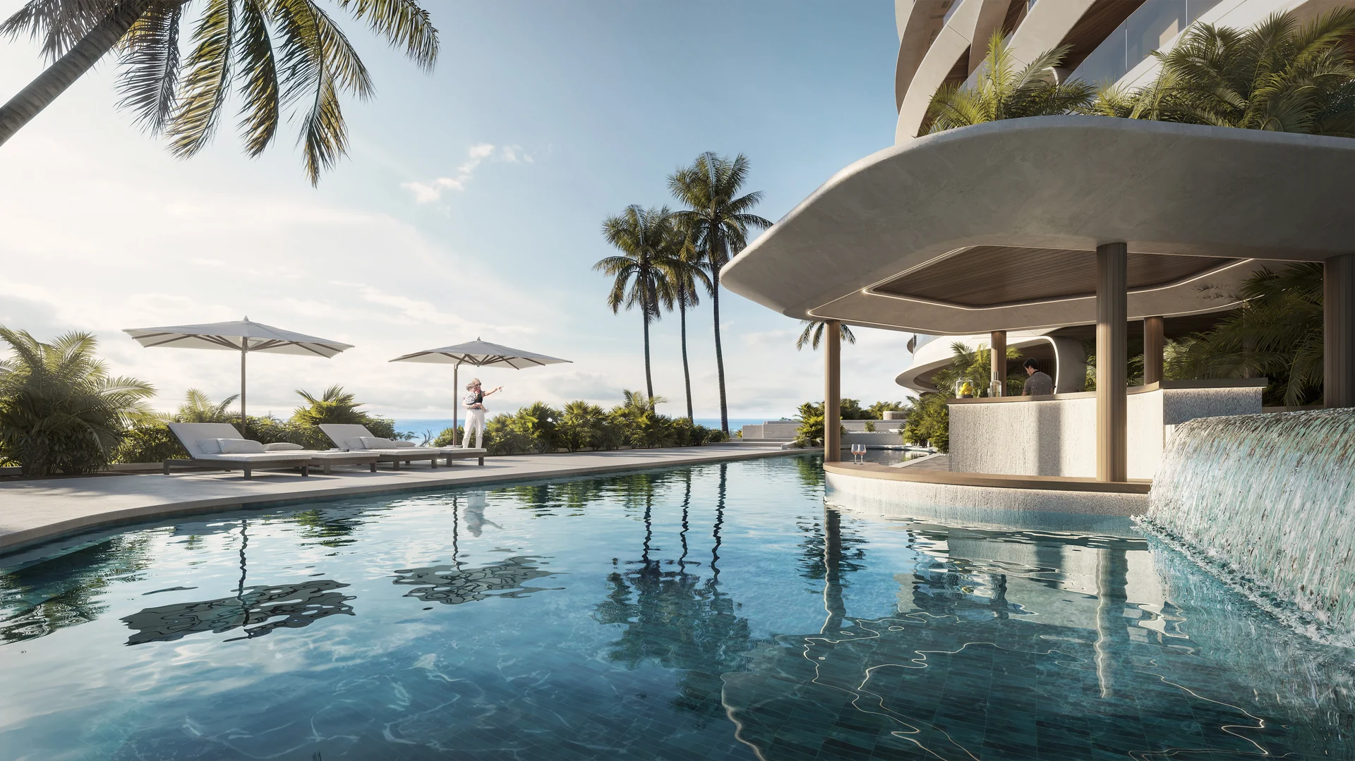 Infinity-Badebereich und privates Solarium mit direktem Blick auf die Wasserkanäle.