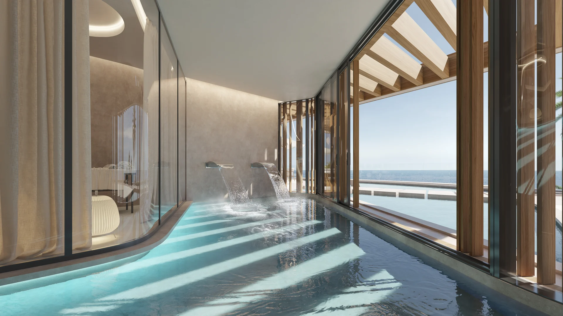 Entspannungspfad, Hydrotherapie, Sauna und Kabinen für ganzheitliches Wohlbefinden.
