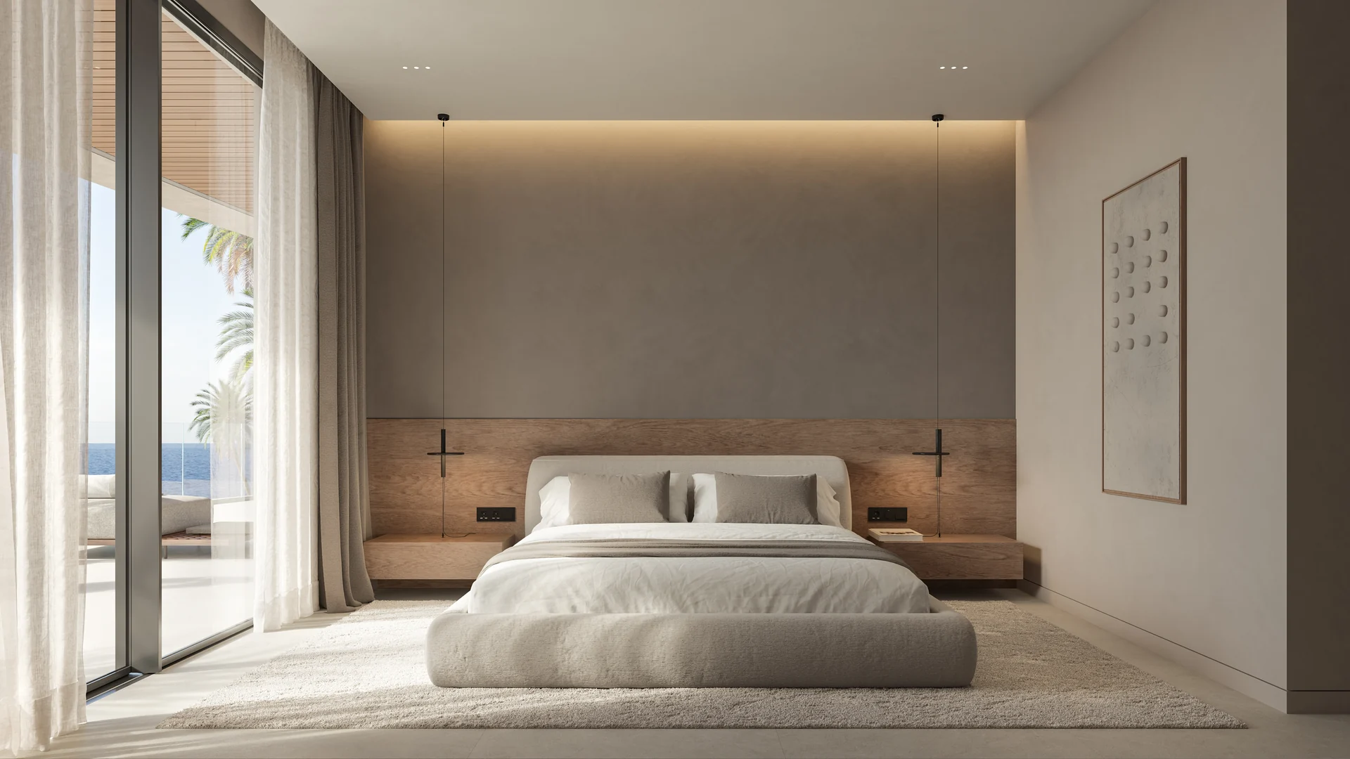 Hauptschlafzimmer mit großflächigen Glasfronten und direktem Zugang zur Außenterrasse.