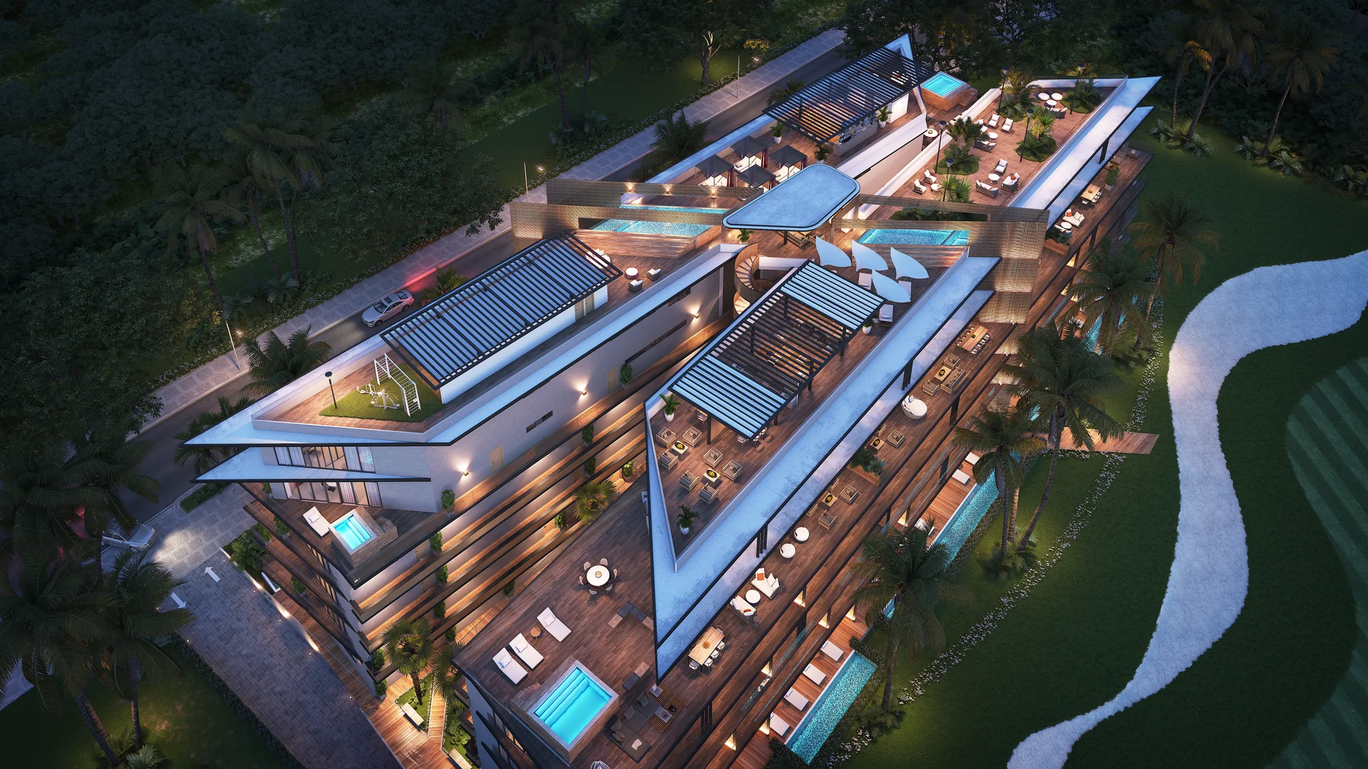 Nächtlicher Panoramablick, der die architektonische Beleuchtung und die tropische Enklave enthüllt.