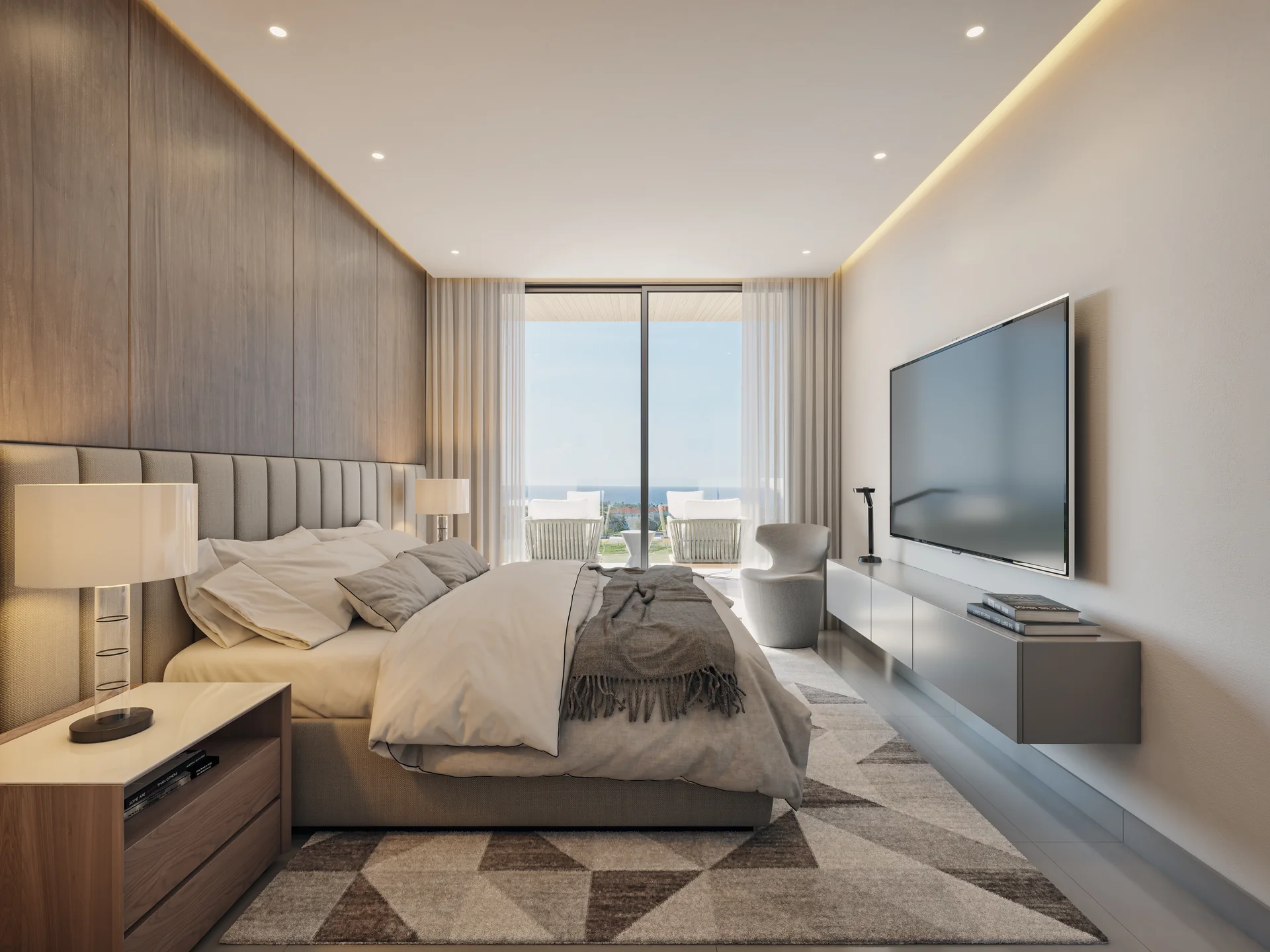 Hauptschlafzimmer in neutralen Tönen, Ankleide und direktem Ausgang auf den Balkon.