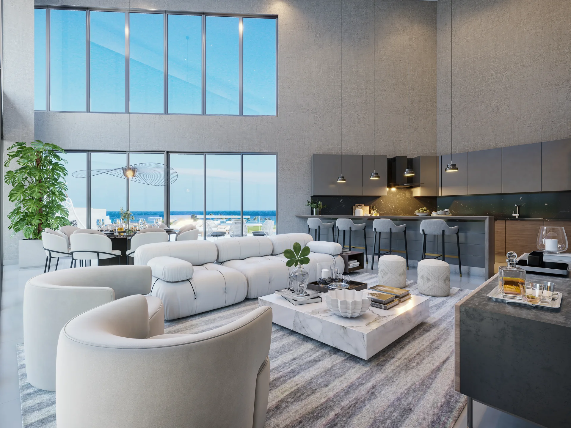 Lounge-Bereich des Penthouse, verbunden mit der privaten Terrasse unter einer Holzpergola.