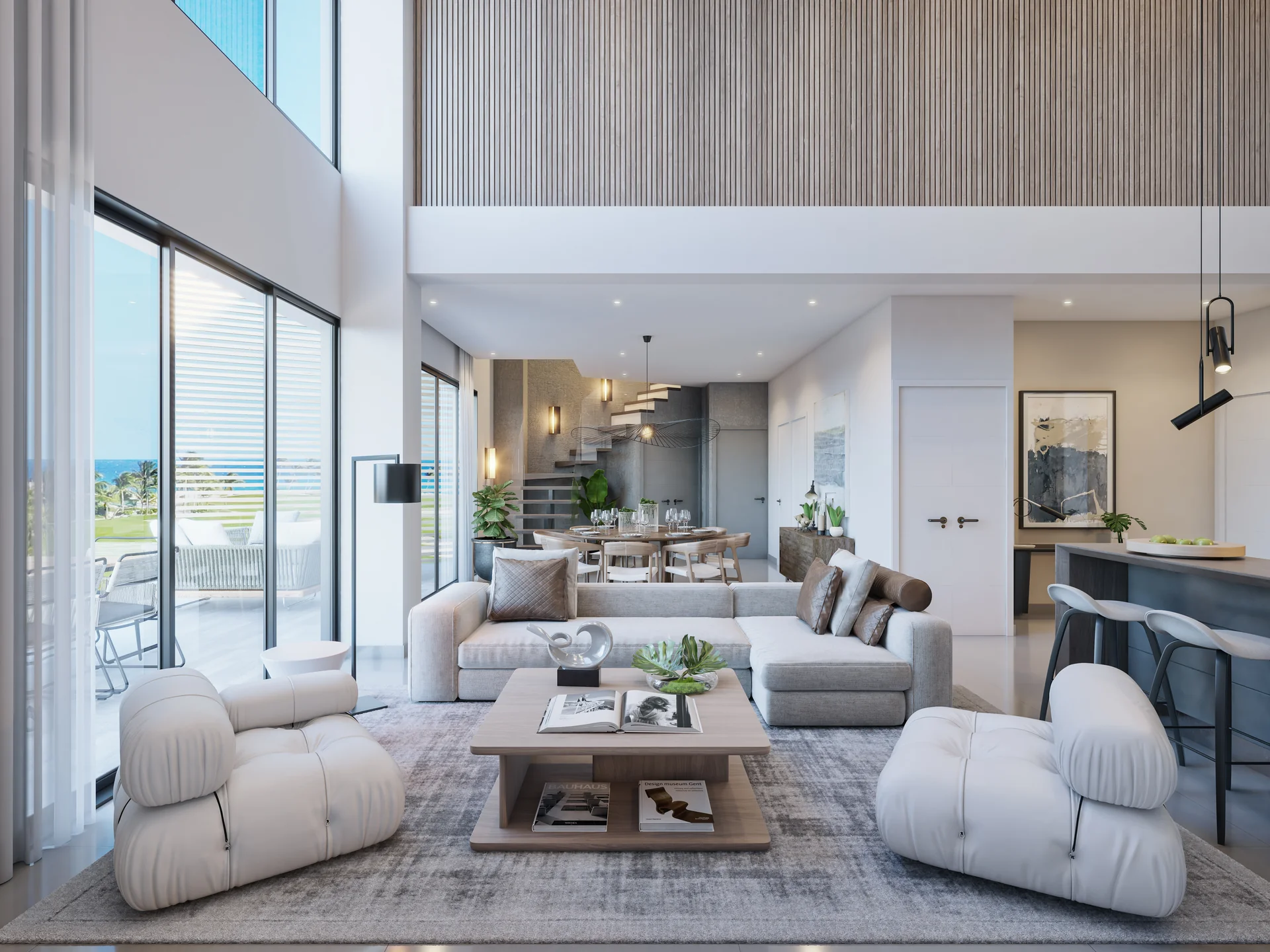 Großzügiger Penthouse-Salon mit erhöhten Decken und doppelter visueller Ausrichtung.