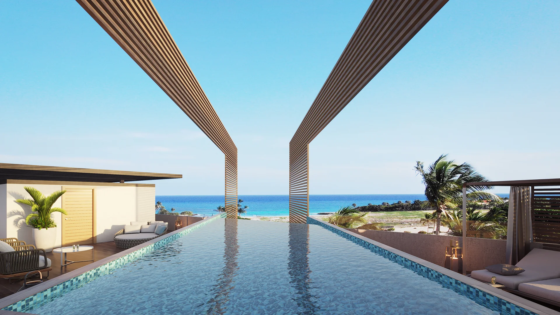 Entspannungsbereich am Pool mit privaten Cabanas und Wasserspiegeln.
