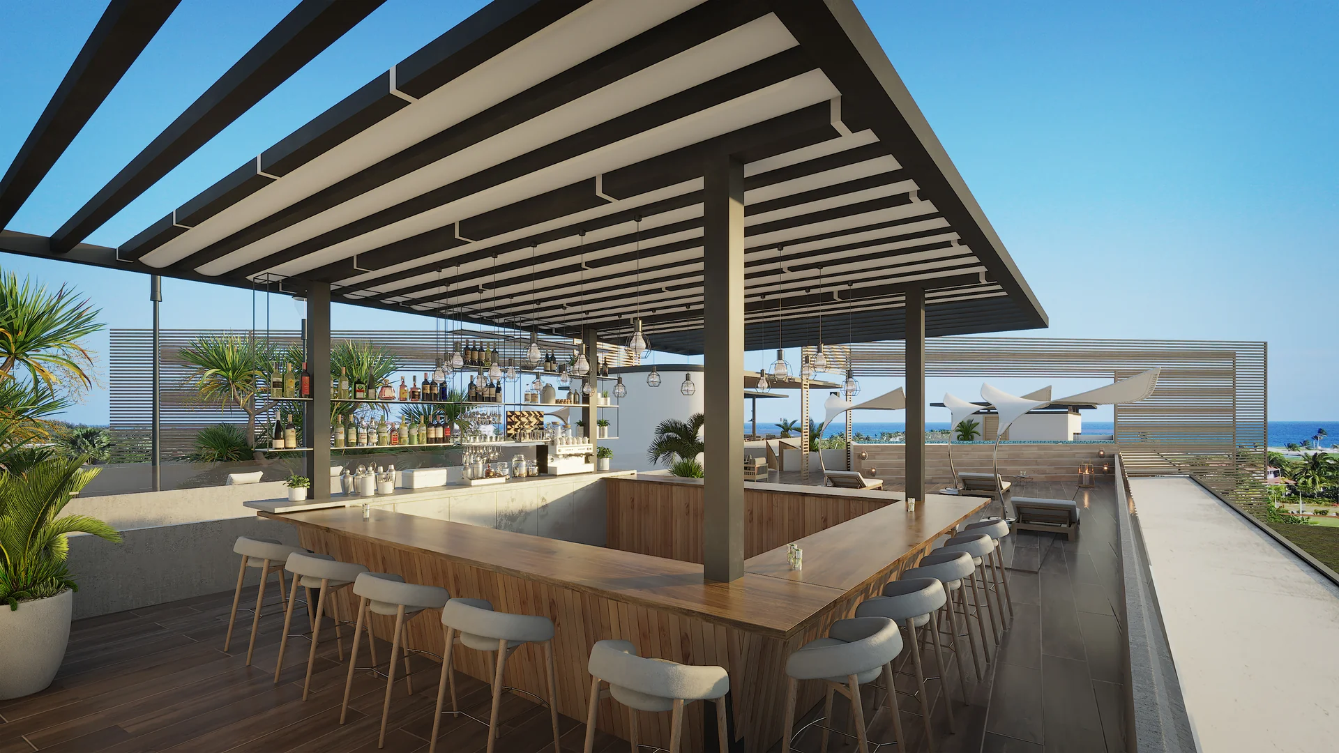 Obere Lounge-Terrasse mit Cocktailbar und freiem Blick auf die Naturlandschaft.