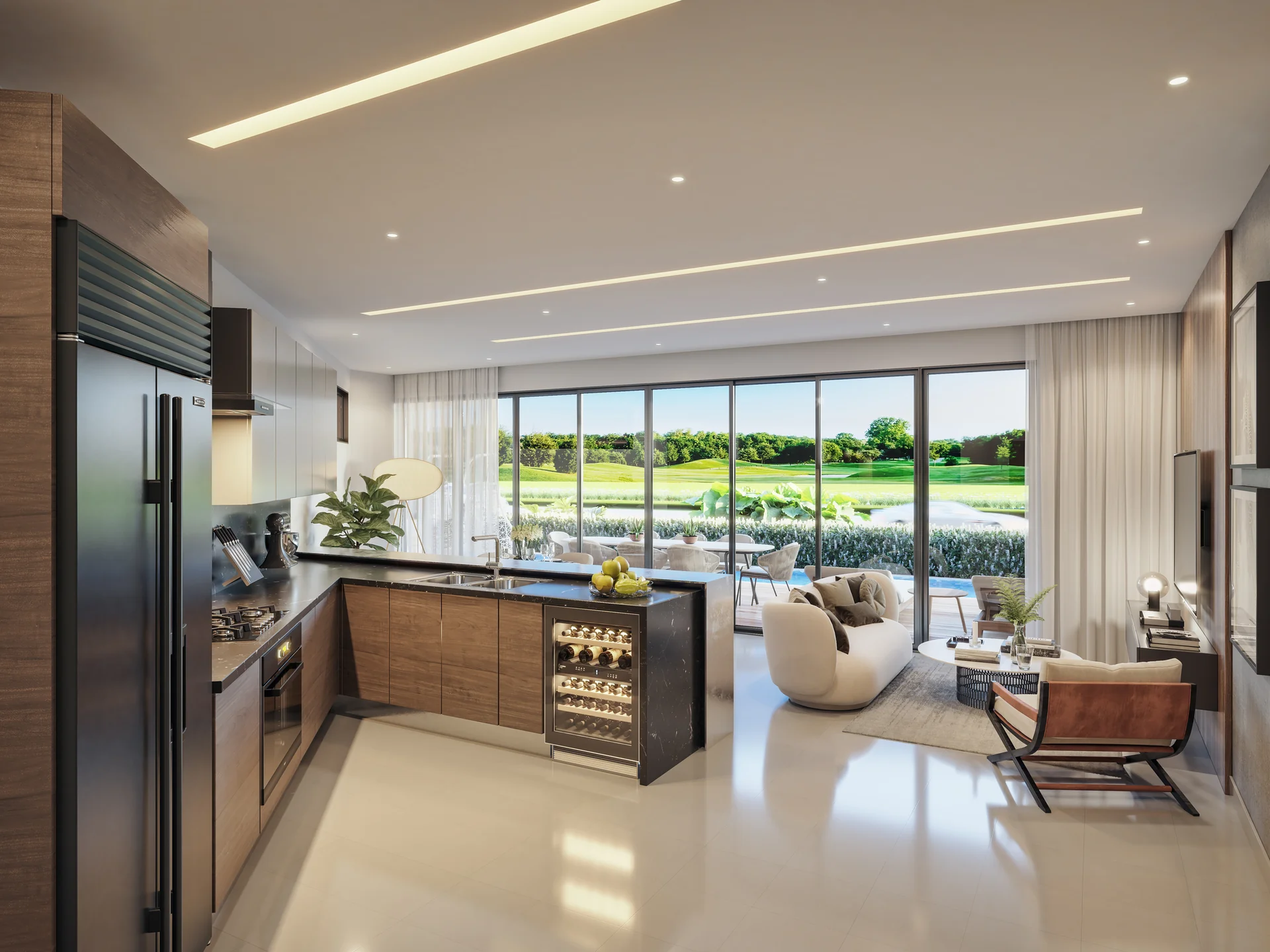 Hauptwohnzimmer der Residenzen im Erdgeschoss mit direktem Zugang zu privater Terrasse und Garten.