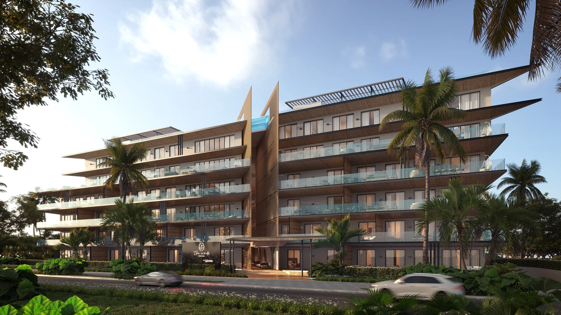 Moderne tropische Architektur mit auskragenden Dächern und harmonischer Landschaftsintegration in Cap Cana.
